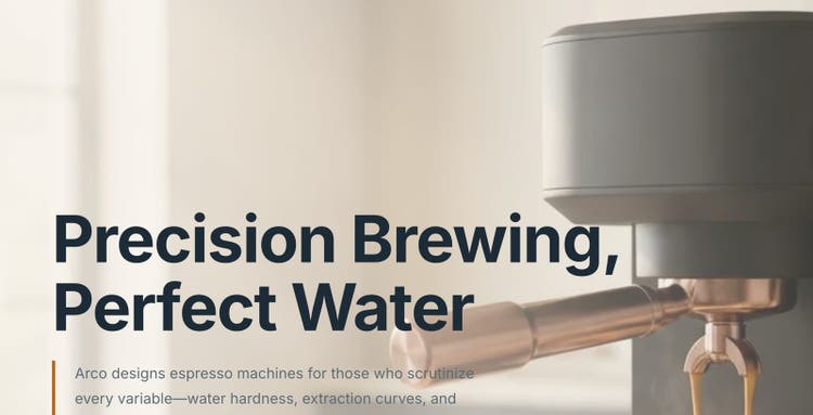 arco.coffee hero rewritten after three craft stories: “Precision Brewing, Perfect Water”.