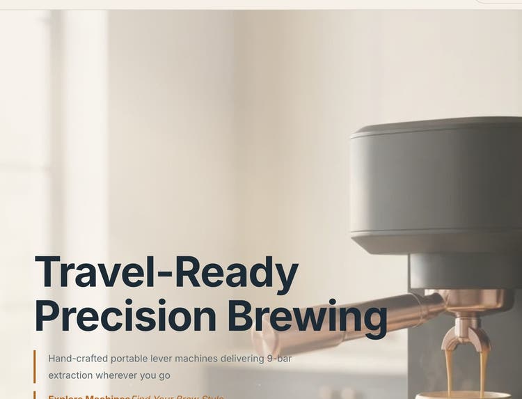 The same homepage after two travel pages: “Travel-Ready Precision Brewing”.