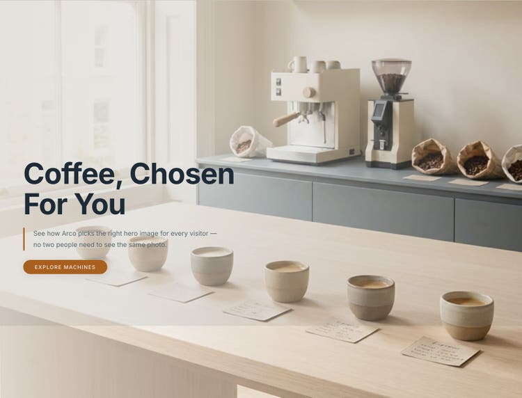 The same hero with a picked photo: a row of tasting cups on a kitchen counter.