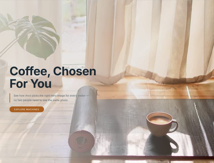 The same hero with a picked photo: a yoga mat and a cup of coffee on a wooden floor.