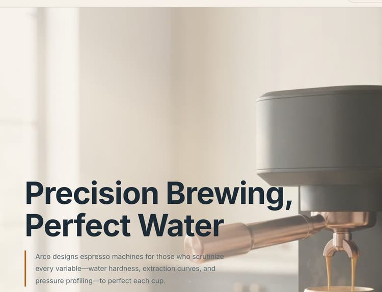 Hero rewritten for a visitor who read about water chemistry and pressure profiling: “Precision Brewing, Perfect Water”.