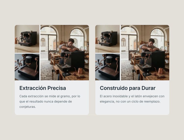 The same two cards as served, rewritten in place: “Extracción Precisa” and “Construido para Durar”. Images and layout are unchanged.