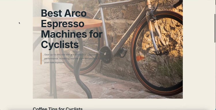 Generated arco.coffee page headed “Best Arco Espresso Machines for Cyclists” over a road bike leaning on a stone wall.