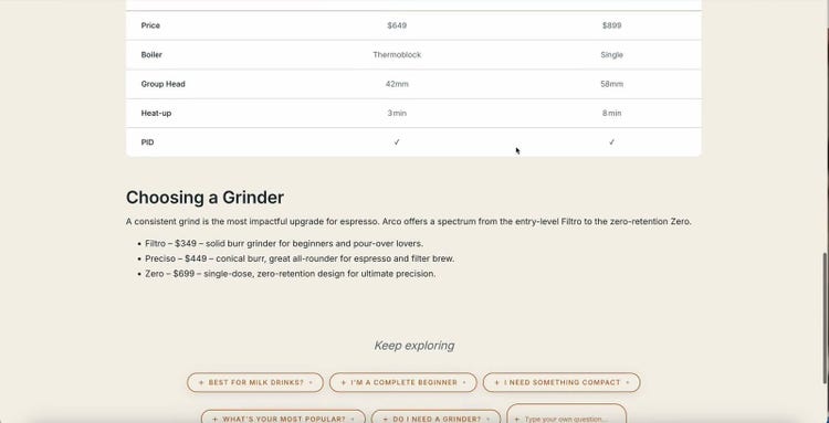 Bottom of the generated page: a grinder list and “Keep exploring” follow-up chips such as “Best for milk drinks?” and “I’m a complete beginner”.