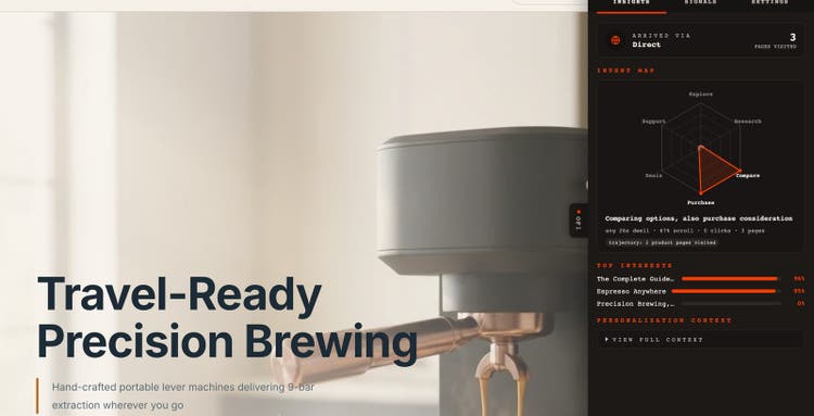 arco.coffee with the of1 inspector open. After two travel pages the hero reads “Travel-Ready Precision Brewing”, and the inspector shows 3 pages, comparing options, with The Complete Guide to Travel Espresso at 96% and Espresso Anywhere at 95%.