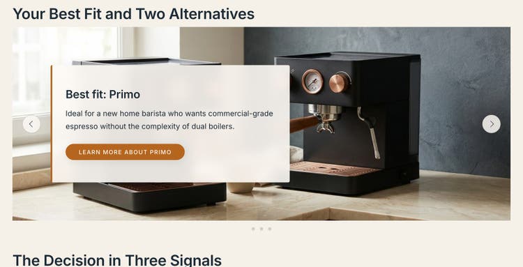 A recommendation carousel generated by of1 for “a gift for my dad who just started making espresso at home”.