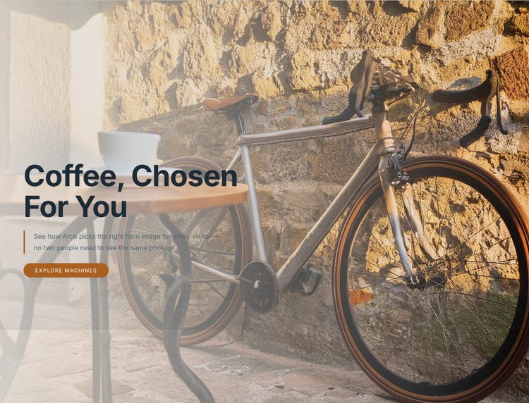The same hero with a picked photo: a road bike against a sunlit stone wall.