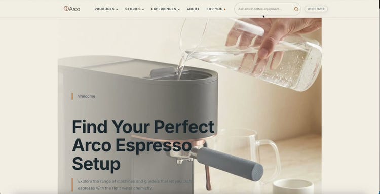 Generated arco.coffee page headed “Find Your Perfect Arco Espresso Setup” over water being poured into a machine.