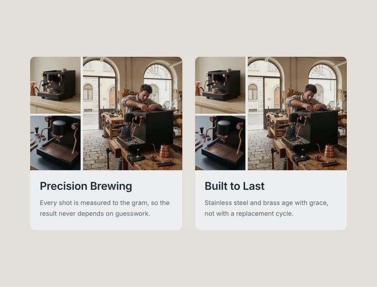 Two authored cards: “Precision Brewing” and “Built to Last”, in English.