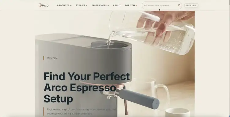 Generated arco.coffee page headed “Find Your Perfect Arco Espresso Setup” over water being poured into a machine.