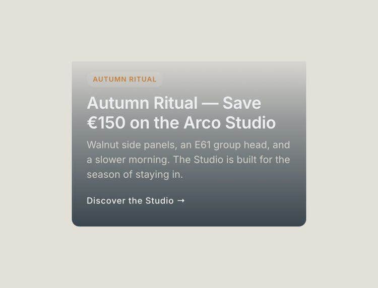 Approved seasonal fragment picked instead: “Autumn Ritual, save €150 on the Arco Studio”.