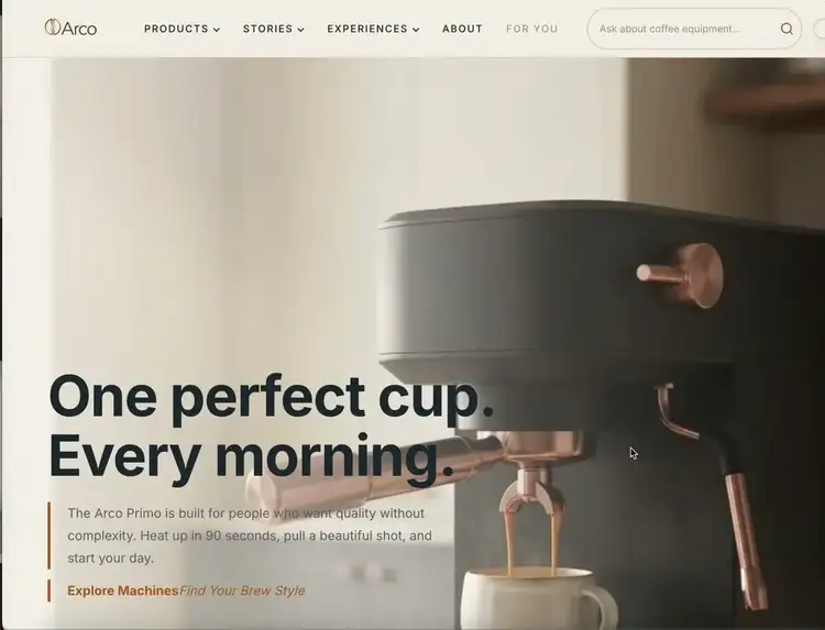 arco.coffee hero rewritten by of1: “One perfect cup. Every morning.”