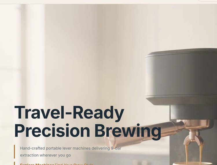The same homepage after two travel pages: “Travel-Ready Precision Brewing”.