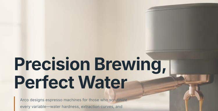 arco.coffee hero rewritten after three craft stories: “Precision Brewing, Perfect Water”.