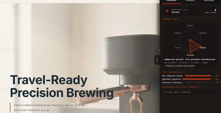 arco.coffee with the of1 inspector open. After two travel pages the hero reads “Travel-Ready Precision Brewing”, and the inspector shows 3 pages, comparing options, with The Complete Guide to Travel Espresso at 96% and Espresso Anywhere at 95%.