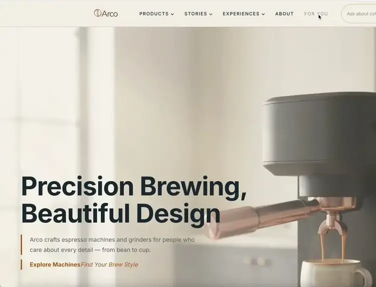arco.coffee default hero: “Precision Brewing, Beautiful Design”.