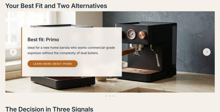 A recommendation carousel generated by of1 for “a gift for my dad who just started making espresso at home”.