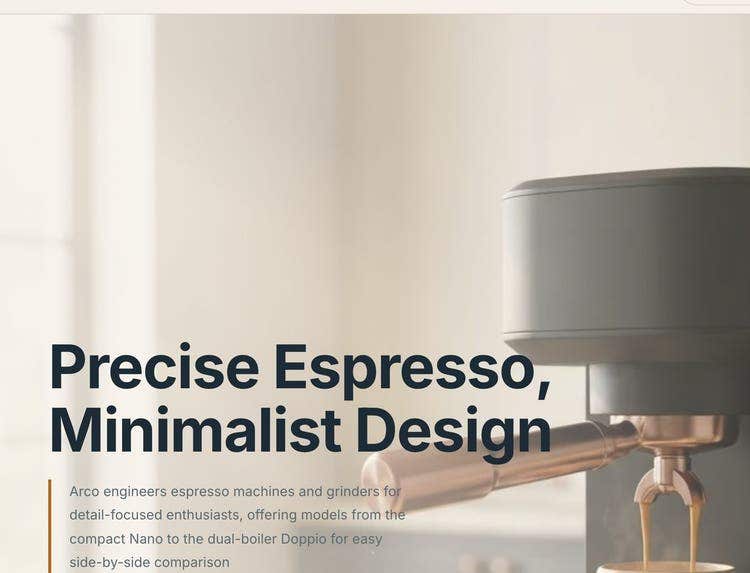 arco.coffee hero written for a visitor who read The Non-Barista and The Morning Minimalist: “Precise Espresso, Minimalist Design”.