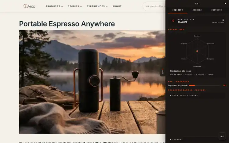 A visitor arrives on arco.coffee from ChatGPT. The of1 inspector reads “Arrived via ChatGPT”, and the page headline “Espresso Anywhere” becomes “Portable Espresso Anywhere”.