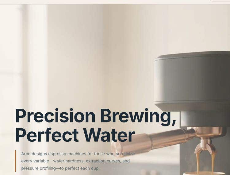 Hero rewritten for a visitor who read about water chemistry and pressure profiling: “Precision Brewing, Perfect Water”.