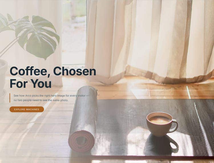 The same hero with a picked photo: a yoga mat and a cup of coffee on a wooden floor.