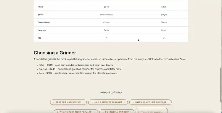 Bottom of the generated page: a grinder list and “Keep exploring” follow-up chips such as “Best for milk drinks?” and “I’m a complete beginner”.