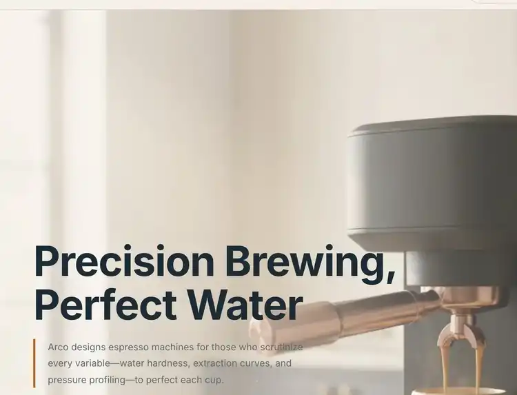 arco.coffee hero rewritten for this visitor: “Precision Brewing, Perfect Water”.