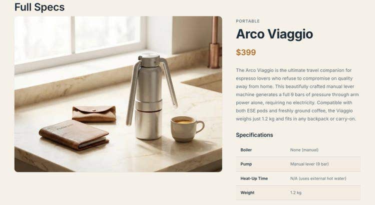 Generated arco.coffee section: full specs for the Arco Viaggio, a portable manual lever machine that needs no electricity.